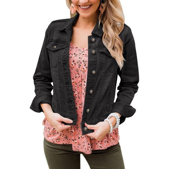Women's Basic Long Sleeves Button Down Fitted Denim Jean Jacket Black - Picture 4 of 4